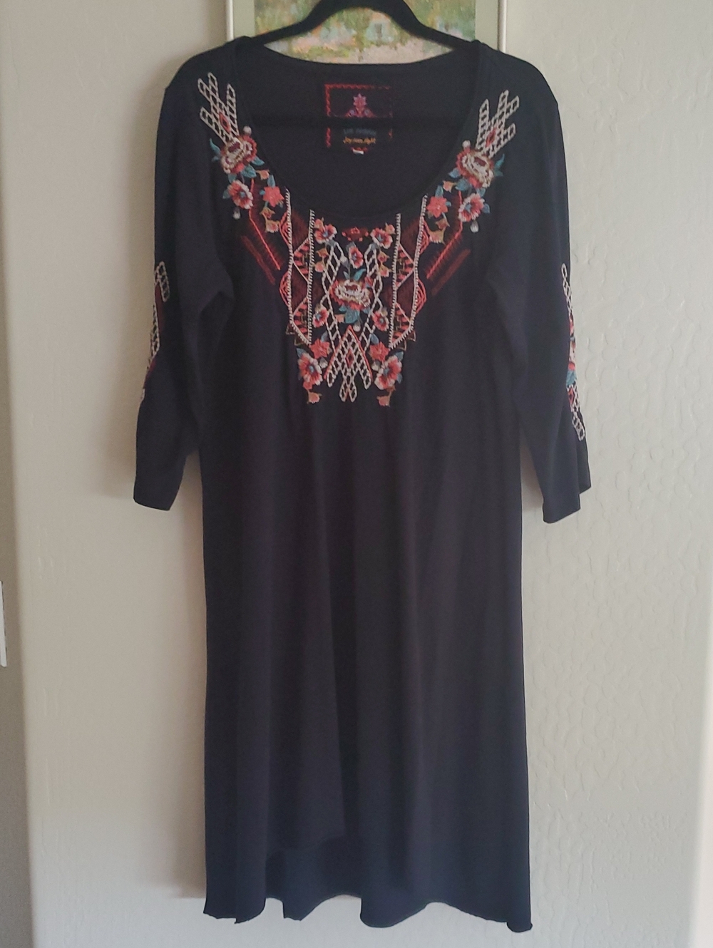 Johnny Was Navy Dress with Multicolor Floral Embroidery